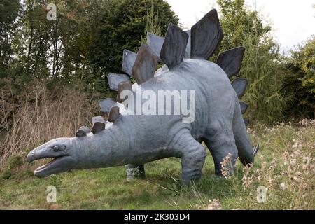 Lebensgroßes Modell von Stegosaurus ein pflanzenfressender, vierbeiniger, gepanzerter Dinosaurier aus dem späten Jurassicd, All Things Wild, Honeybourne, Großbritannien Stockfoto