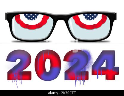 Rote, weiße und blaue Verblendungen sind in Brillenfassungen zu sehen und sehen wie Augen aus in einer 3-d-Illustration, die die Augen auf die Wahlkampagnen 2024 gerichtet hat. Stockfoto