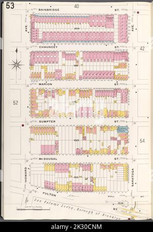 Kartografisch, Karten. 1884 - 1936. Lionel Pincus und Princess Firyal Map Division. Feuerversicherung , New York (Staat), Immobilien , New York (Staat), Städte und Orte , New York (Staat) Brooklyn V. 5, Plate No. 53 Karte begrenzt durch Bainbridge St., Saratoga Ave., Fulton St., Howard Ave. Stockfoto