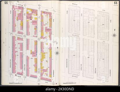 Kartografisch, Karten. 1884 - 1936. Lionel Pincus und Princess Firyal Map Division. Feuerversicherung , New York (Staat), Immobilien , New York (Staat), Städte und Orte , New York (Staat) Brooklyn V. 2, Plate No. 55 Karte begrenzt durch Washington Park Myrtle Ave., Clermont Ave., De Kalb Ave Stockfoto