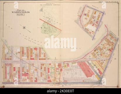 E.B. Hyde & Co. Kartografisch, Karten. 1904 - 1912. Lionel Pincus und Princess Firyal Map Division. Brooklyn (New York, New York) , Maps, Immobilien , New York (Staat) , New York Brooklyn, Vol. 3, Doppelseitenplatte Nr. 32; Teil der Bezirke 28 & 26, Abschnitt 11; Karte begrenzt durch Highland Blvd., Vermont St.; einschließlich Jamaica Ave. (Norman Pl.), Broadway, Granite St.; Unterplan Nr. 1; Karte begrenzt durch Highland Blvd., Miller Ave., Jamaica Ave.; einschließlich Vermont St., Sunnyside Ave.; Subplan Nr. 2; Evergreens Cemetery; Karte begrenzt durch Cypress Ave., Vermont St., Highland Blvd., Bushwick Ave.; einschließlich Granit Stockfoto