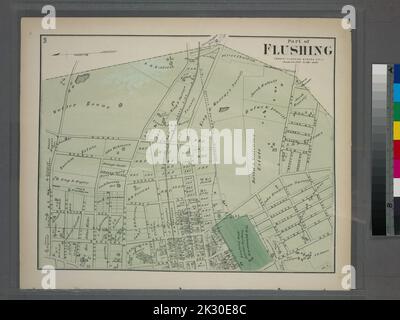 Kartografisch, Karten. 1873. Lionel Pincus und Prinzessin Firyal Map Division. Long Island (New York) , Beschreibung und Reiseteil von Flushing. Die Stadt Flushing, Queens Co. Umfasst Bayside Avenue, Broadway, Sanford Avenue, Queens Avenue, Walnut Avenue, Murray Avenue, Rodman Street, Percy Street, Parsons Avenue und Bowne Avenue. Stockfoto