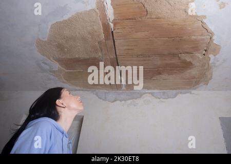 Eine junge Frau, die auf ein zerstörte Loch in der Decke schaut. Der Putz fiel von der Feuchtigkeit ab. Alte Wohnung Restaurierung Reparatur und Fixierung. Stockfoto