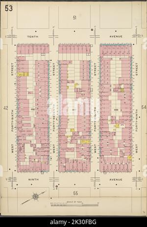 Kartografisch, Karten. 1911. Lionel Pincus und Prinzessin Firyal Map Division. Feuerversicherung , New York (Staat), Immobilien , New York (Staat), Städte & Orte , New York (Staat) Manhattan, V. 5, Plate No. 53 Karte begrenzt durch 10. Ave., West 49. St., 9. Ave., West 46. St. Stockfoto