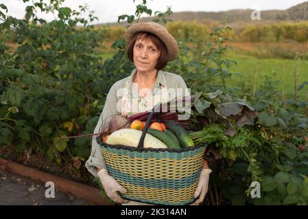 Lächelnde ältere Frau mit Korb mit frisch gepflücktem Gemüse neben der Pflanze Stockfoto