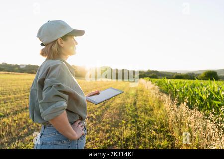 Frau, die mit einem digitalen Tablet auf dem Feld steht und sich umschaut Stockfoto