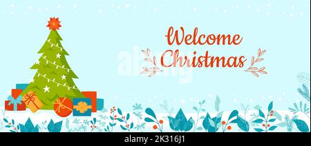Willkommen Weihnachtsbanner mit Baum und Geschenk. Neujahrsurlaub Postkarte, Winter Gruß Vorlage Design. Werbung Weihnachts-Poster Einladungsfeier, Vektor-Flyer oder Karte Stock Vektor