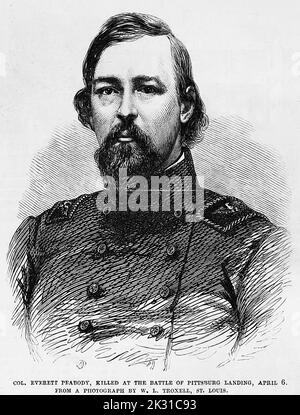 Porträt von Colonel Everett Peabody, der bei der Schlacht von Pittsburg Landing (Shiloh) getötet wurde, 6.. April 1862. Illustration des amerikanischen Bürgerkriegs des 19.. Jahrhunderts aus Frank Leslie's Illustrated Newspaper Stockfoto