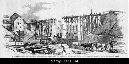 Der Krieg in Virginia - Überreste der Eisenbahnbrücke über den Rappahannock nach Fredericksburg, verbrannt von den Rebellen beim Rückzug aus Falmouth, 19.. April 1862. Illustration des amerikanischen Bürgerkriegs des 19.. Jahrhunderts aus Frank Leslie's Illustrated Newspaper Stockfoto