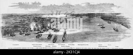 Der Krieg auf dem Mississippi - Panoramablick auf die US-Flotte, die auf dem Weg nach New Orleans, Louisiana, die Festungen des Mississippi passiert, 19.. April 1862. Illustration des amerikanischen Bürgerkriegs des 19.. Jahrhunderts aus Frank Leslie's Illustrated Newspaper Stockfoto