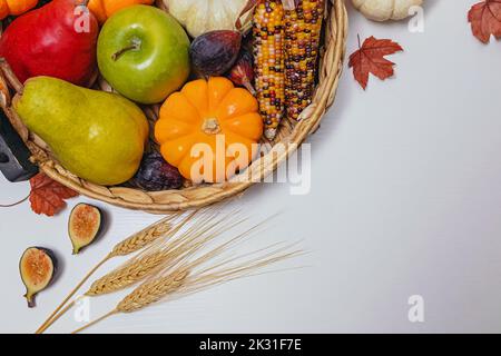 Herbsternte, Draufsicht. Herbstgemüse und -Früchte: Mais, Kürbisse, Obst und Weizen. Thanksgiving Hintergrund Stockfoto