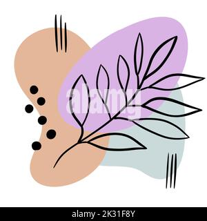 Handgezeichnete moderne trendige Illustration abstrakter geometrischer Formen und Monstera-Blätter. Violett beige Minze Hintergrund Poster-Karte, Design für Social Media. Pastelldruck Stockfoto