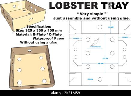 Hummertablett, das attraktiv und stark aussieht. Box ist einfach zu montieren und ohne Klebstoff. Dieses Tablett kann auch für Obst und andere verwendet werden. Stock Vektor