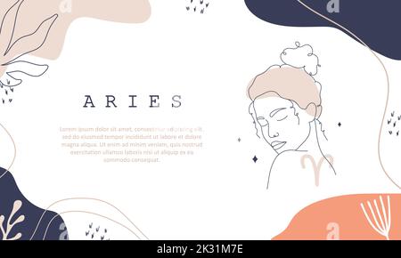 Widder-Sternzeichen. Eine Linie zeichnen. Astrologische Ikone mit abstraktem Frauengesicht. Mystery und esoterische skizzieren den Hintergrund. Horizontales Banner der Astrologie Stock Vektor