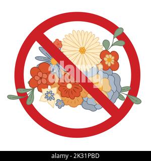 Vektor-Verbotsschild mit Blumenstrauß. Pflücken Sie keine seltenen Blumen. Rotes Verbotenes Schild mit groovigen Blumen. Allergiegefahr. Verbot von Blumenstrauß. Stock Vektor
