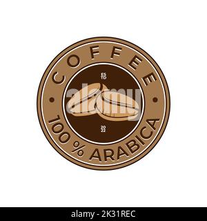 Kaffee-Logo, 100 % Emblem. Kaffeebohnen mit Buchstaben in runden Abzeichen, Emblem, Schablone, Vektor Stock Vektor