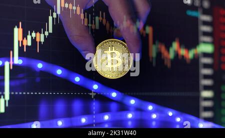 Bitcoin-Währung mit Blockchain-Konzept. Virtuelles Kryptowährungskonzept. Bitcoins auf der Leiter Stockfoto