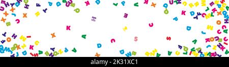 Fallende Buchstaben der englischen Sprache. Bunte fliegende Wörter des lateinischen Alphabets. Fremdsprachen Studienkonzept. Tolles Back to School Banner auf weißem Hintergrund. Stock Vektor