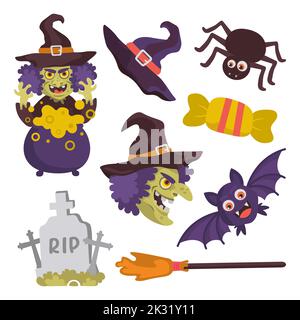 Set von Stickern Vektor halloween Hexe Fledermaus Hut Stock Vektor