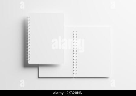 A4 A5 Notizbuch mit abgerundeten Ecken und Spiralen 3D Weißes, unbeschriftetes Mockup Stockfoto