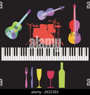 Bunte Musikinstrumente mit Klavier und Gitarre, Schlagzeug Illustration Stock Vektor