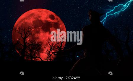 Illustration eines Werwolf während des Blutmondes im gruseligen Wald - 3D Rendering Stockfoto