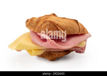 Croissant-Sandwich mit Schinken und Käse, Blätterbrot mit edamer und Schinkenscheiben isoliert auf weißem, schneidendem Pfad Stockfoto
