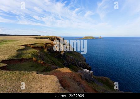 Entlang der grasbedeckten Klippen der Rhossili Bay zur Insel Worms Head. Stockfoto