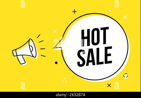 Heißer Verkauf Megaphon gelben Hintergrund Rabatt Förderung Vektor Banner Illustration. Hot Sale Shopping Concept Vorlage. Stock Vektor