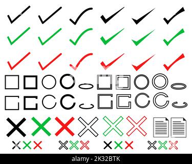 Häkchen-Symbol auf weißem Hintergrund gesetzt. Grünes Häkchen und rotes Kreuz. Aktivieren und deaktivieren Zeichen. Kreis- und Quadrat-Symbol. Flache Stil. Stockfoto