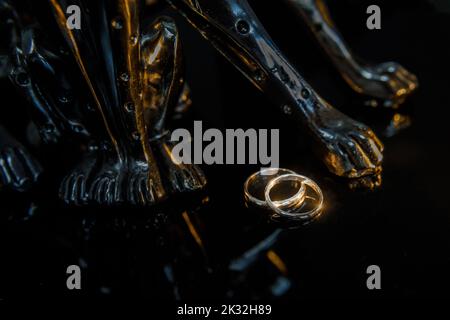 Zwei goldene Eheringe isoliert auf dunklem Hintergrund-Konzept für Eheringe Stockfoto