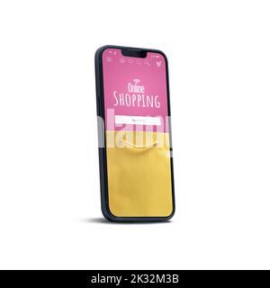 Online-Shopping-App auf dem Smartphone-Bildschirm mit Einkaufstasche Stockfoto