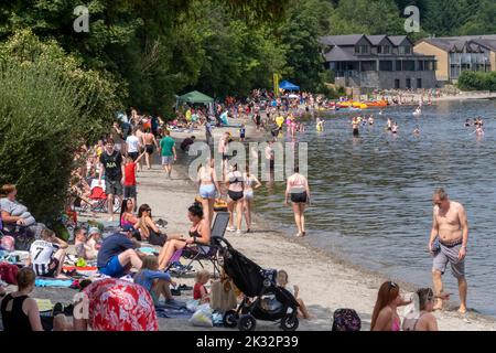 Die Menschen genießen den Sommer in Luss am Loch Lomond, Schottland, beim Springen und Schwimmen im kalten, frischen Wasser des loch. Stockfoto