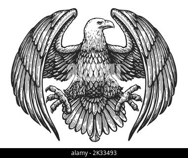 Adler mit ausgebreiteten Flügeln. Königliches Symbol. Handgezeichnete Skizze im Vintage-Gravurstil. Vektorgrafik Stock Vektor