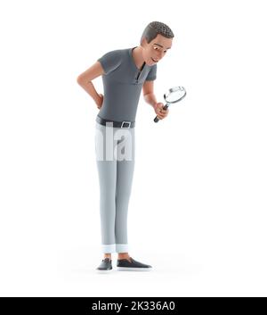 mann mit 3D Zeichen, der durch die Lupe schaut, Illustration isoliert auf weißem Hintergrund Stockfoto