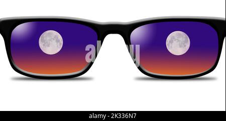 Der Mond ist in diesen Brillen in einer 3-d-Illustration zu sehen, in der es um die Idee geht, wieder zum Mond zu gehen. Stockfoto