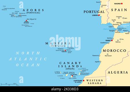 Azoren, Madeira und Kanarische Inseln, politische Landkarte. Autonome Regionen Portugals und Spaniens, Inselgruppen vulkanischer Inseln, in der Region Macaronesien. Stockfoto