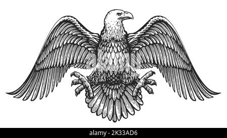 Weißkopfseeadler mit ausgebreiteten Flügeln. Handgezeichnete Skizze Vogel Illustration in Vintage Gravur Stil. Königliches Emblem Stockfoto