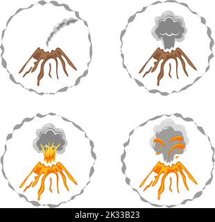 Satz von Vulkan-Logos auf weiß isoliert. Verschiedene Stadien der Vulkanaktivität. Vektorgrafik Stock Vektor