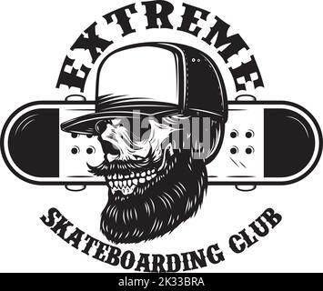 Skateboarder Skull mit gekreuzten Skateboards. Designelement für Logo, Label-Schild, Poster, T-Shirt. Vektorgrafik Stock Vektor