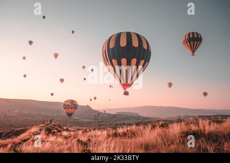 Bunte Heißluftballons. Beliebte Touristenattraktion - Sonnenaufgangsbeobachtung in Kappadokien. Landschaftlich schöner Blick über das herbstliche Orangengrasfeld. Erstaunliche natürliche Sommermorgendlandschaft. Die beste berühmte Lage für Reisen Stockfoto