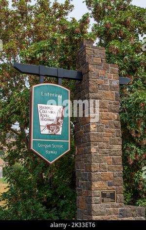 Straßenschild des historischen Columbia River Highway, Hood River, Oregon, USA Stockfoto