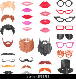 Aquarell-Requisiten gesetzt. Vektorsammlung mit Schnurrbart, Bärten, Haarschnitten, Lippen und Sonnenbrille. Geburtstagsparty Fotoautomaten Requisiten Stock Vektor