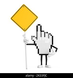 Pixel Hand Cursor Maskottchen Person Charakter und Gelbes Straßenschild mit Freiraum für Ihr Design auf einem weißen Hintergrund. 3D Rendering Stockfoto