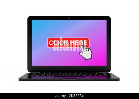 Moderner Laptop-Computer mit Klicken Sie hier Link zur Website-Schaltfläche und Pixel-Hand Klicken Sie den Cursor auf einen weißen Hintergrund. 3D Rendering Stockfoto