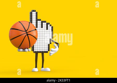 Pixel Hand Cursor Maskottchen Person Charakter mit Basketball Ball auf einem gelben Hintergrund. 3D Rendering Stockfoto