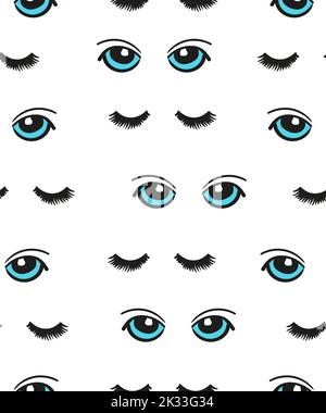 Cartoon Blue Eyes nahtloses Muster. Vektorhintergrund mit Kritzelaugen und Wimpern isoliert auf weiß Stock Vektor