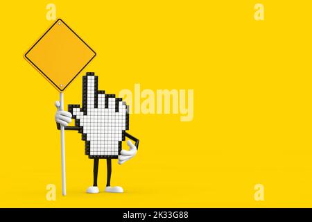 Pixel Hand Cursor Maskottchen Person Charakter und Gelbes Straßenschild mit Freiraum für Ihr Design auf einem gelben Hintergrund. 3D Rendering Stockfoto