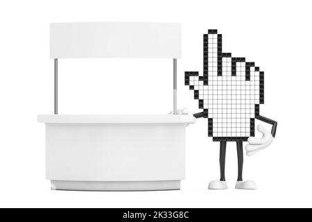 Pixel Hand Cursor Maskottchen Person Charakter in der Nähe von Blank Promotion-Stand mit freiem Platz für Ihr Design auf einem weißen Hintergrund. 3D Rendering Stockfoto