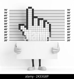 Pixel Hand Cursor Maskottchen Person Charakter mit Identifikationsplatte vor der Polizei-Aufstellung oder Mugshot Hintergrund extreme Nahaufnahme. 3D Rendering Stockfoto